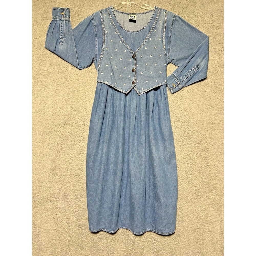 Mississippi River Blues Denim Maxi Dress Attached Vest Blue Sz Small Cottagecore